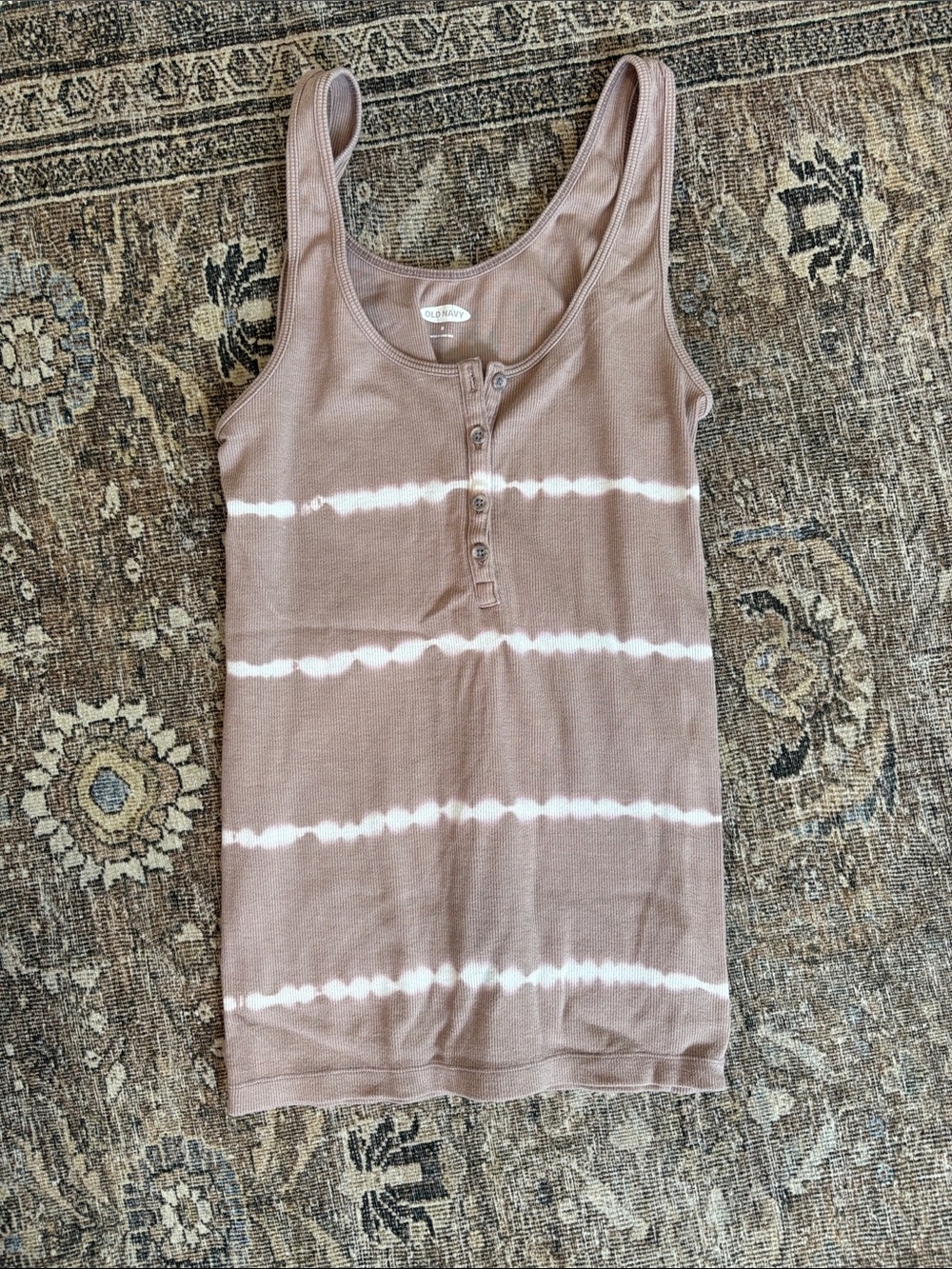 Henley Tank Top in Mauve with White Tie-Dye Stripes